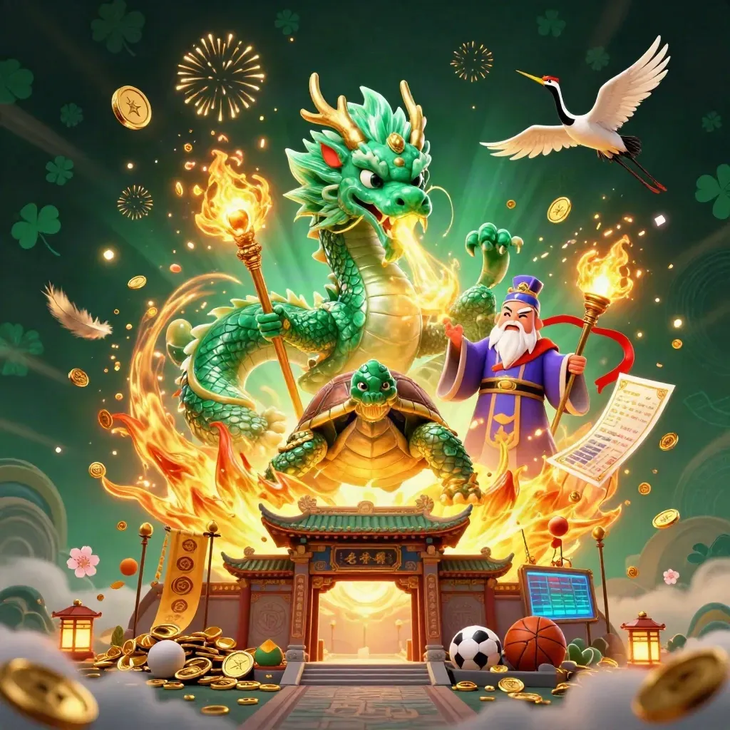 Emerald dragon, turtle sage and cranes amid gold coins, fireworks, temple and casino treasures.