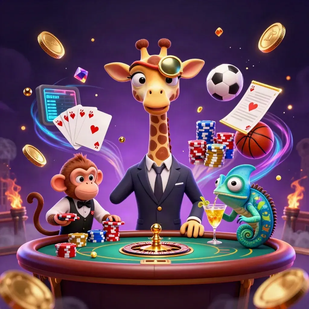 Giraffe, monkey, and chameleon at a VIP poker table amid coins, cards, and neon casino energy.