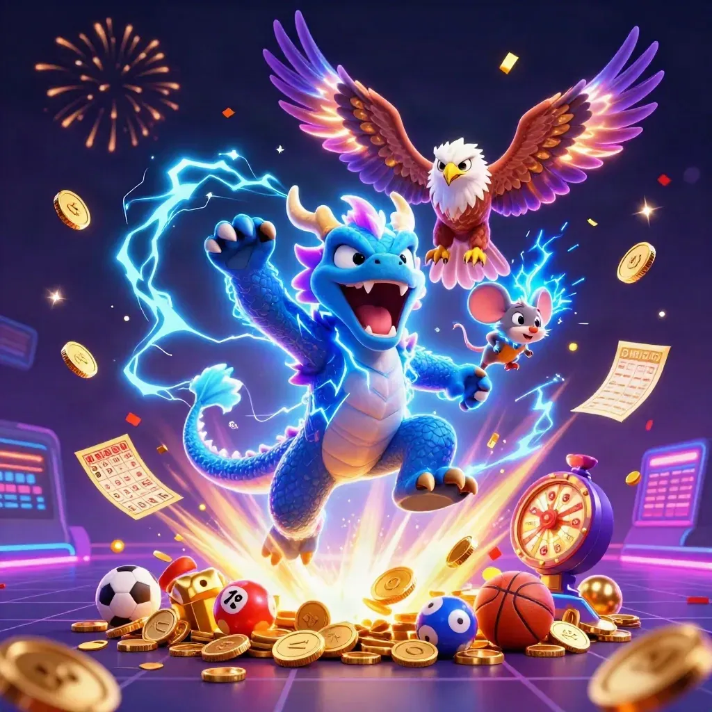 Thunder dragon, wind hawk and static mouse amid coins, lottery balls and fireworks on a neon casino tile.
