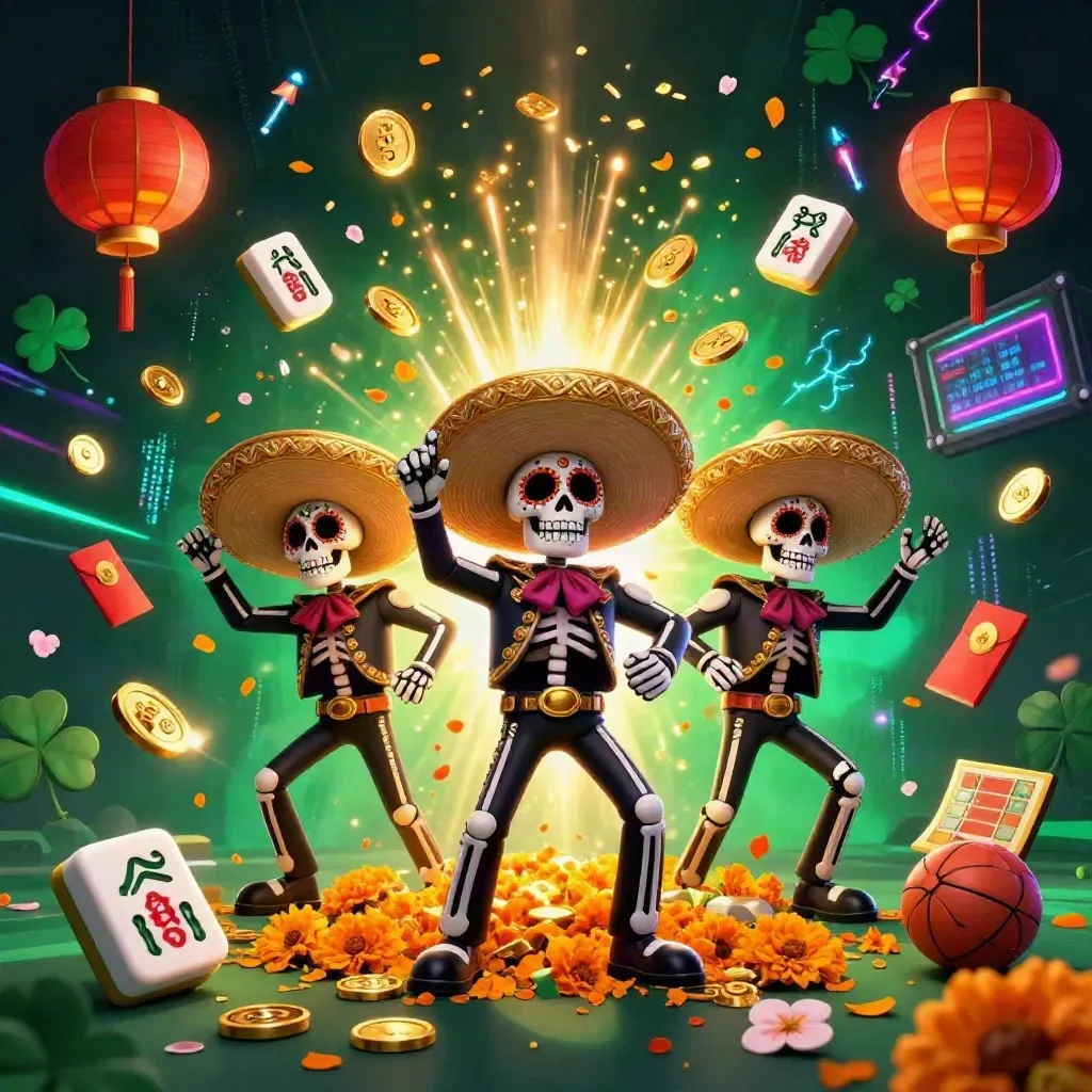 Skeleton mariachi trio at a bursting vault amid coins, lanterns, fireworks and neon casino glow.