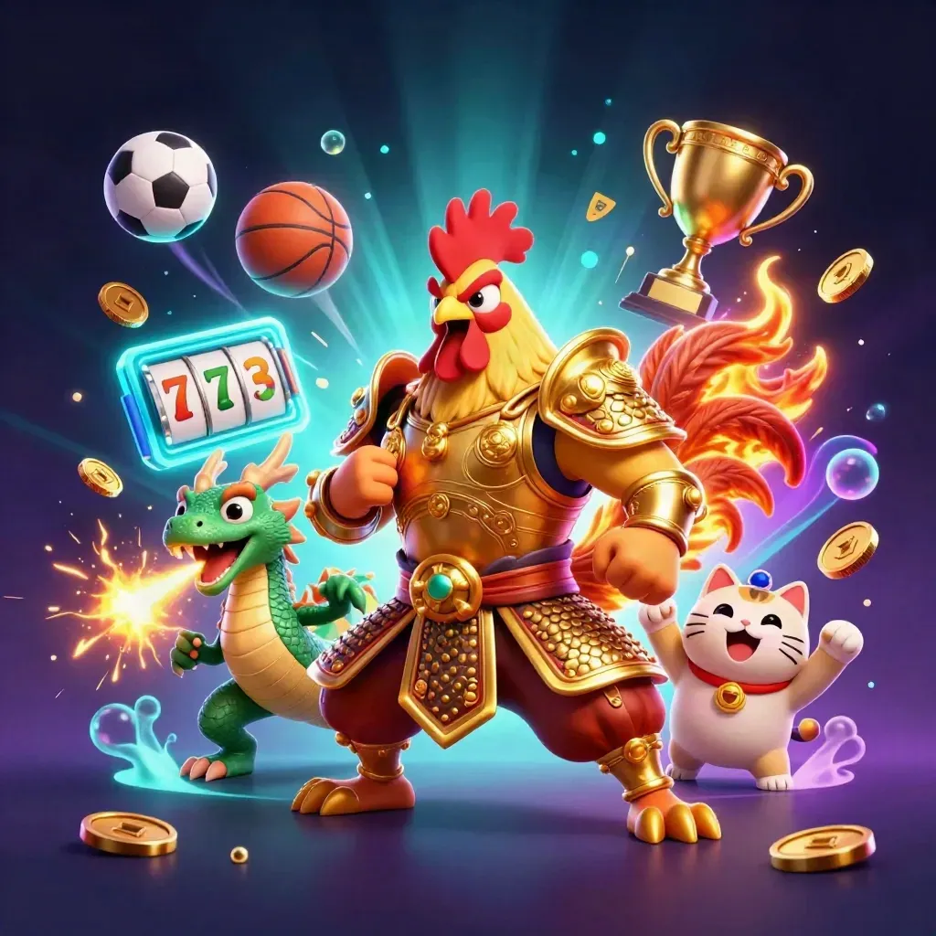Rooster samurai, spark-breathing dragon hatchling, and fortune cat amid neon casino effects.