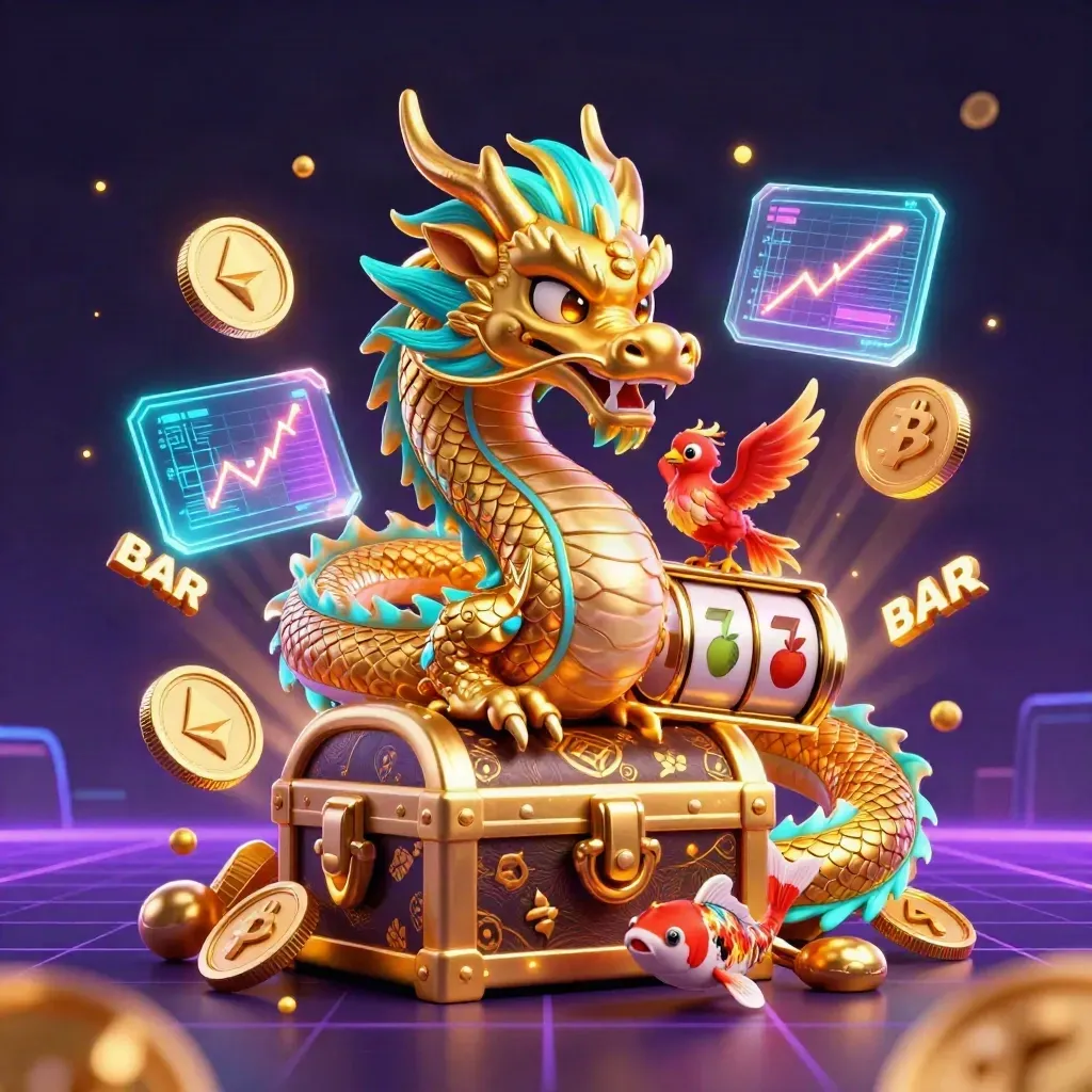 Golden dragon with phoenix and koi amid neon casino effects on a dark luxe background.