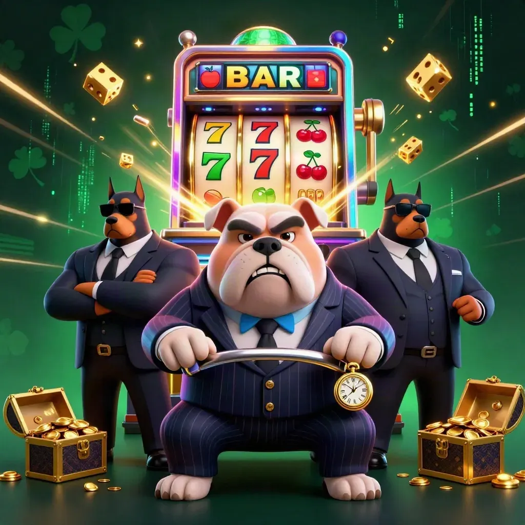 Bulldog mob boss with two Dobermans amid slot reels, gold, neon energy, and jackpot bursts.