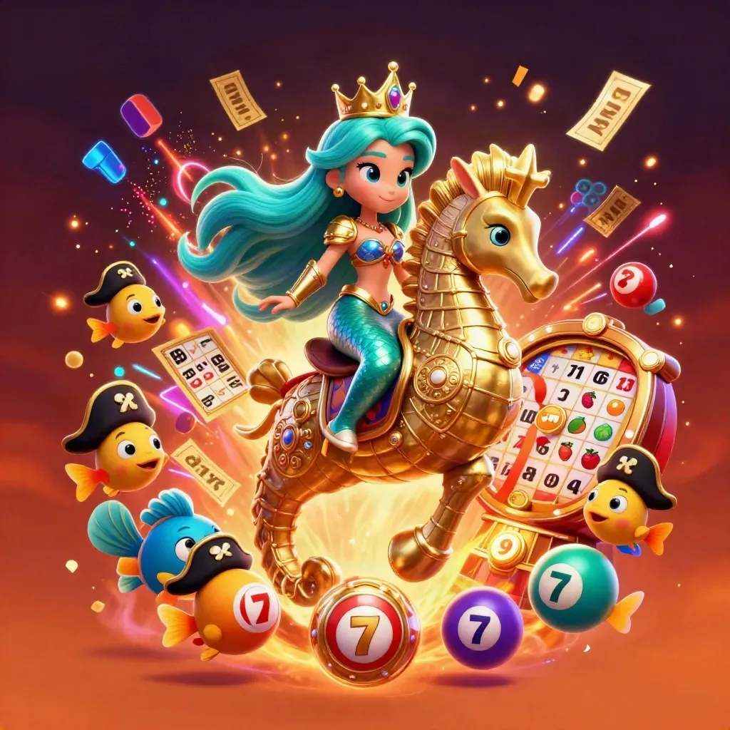 Turquoise mermaid princess rides armored seahorse amid casino loot and neon energy.