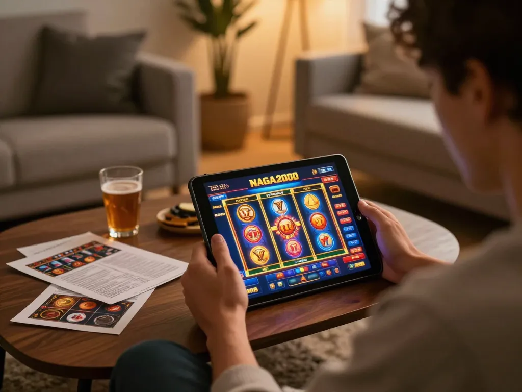 NAGA2000 player focused on tablet showing exciting online casino games.