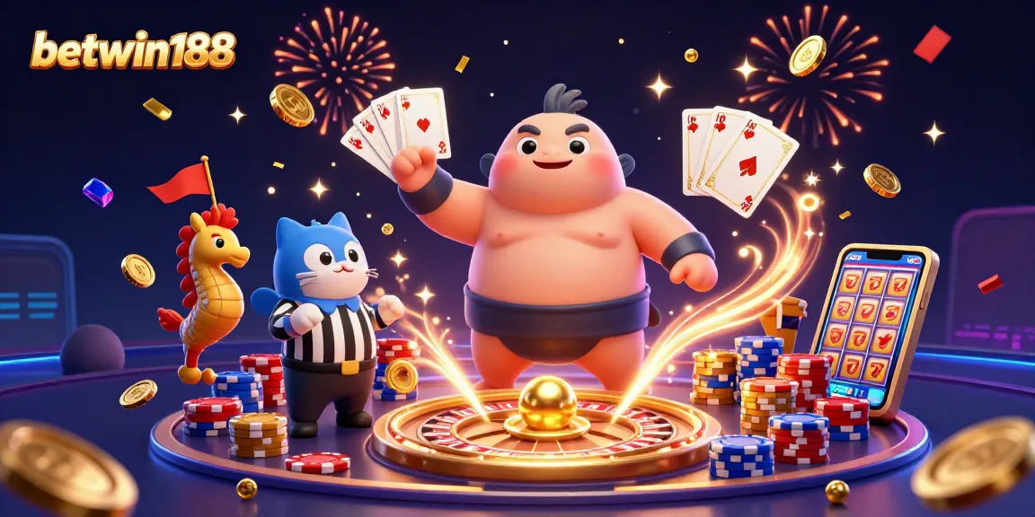 Engage with betwin188 featuring a dynamic casino scene with cartoon characters and vibrant game elements.