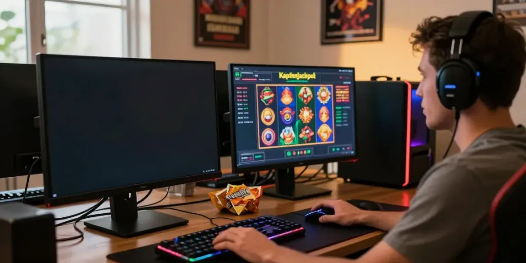 Engaged player experiencing slot gacor games at home, featuring gaming setup with vibrant atmosphere.