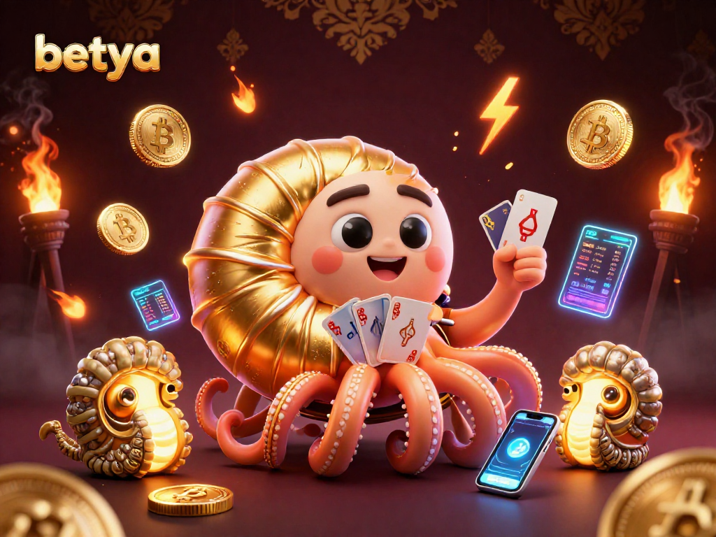 Betya showcases a vibrant 3D casino scene featuring a nautilus roulette wheel and crypto elements.
