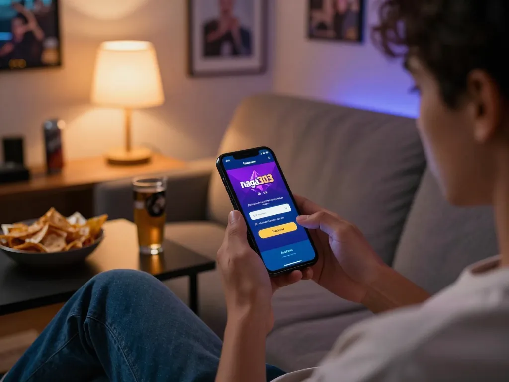 Naga303 login screen displayed on smartphone while engaging in online betting from a cozy living room.
