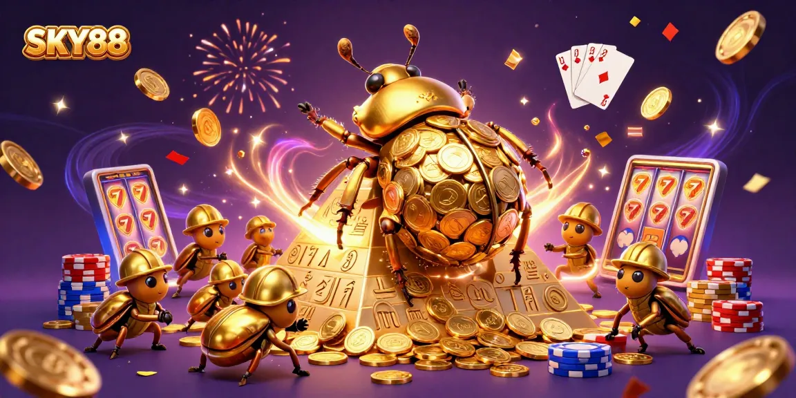 Experience exciting gaming with SKY88 as a golden beetle rolls a coin ball up a pyramid.