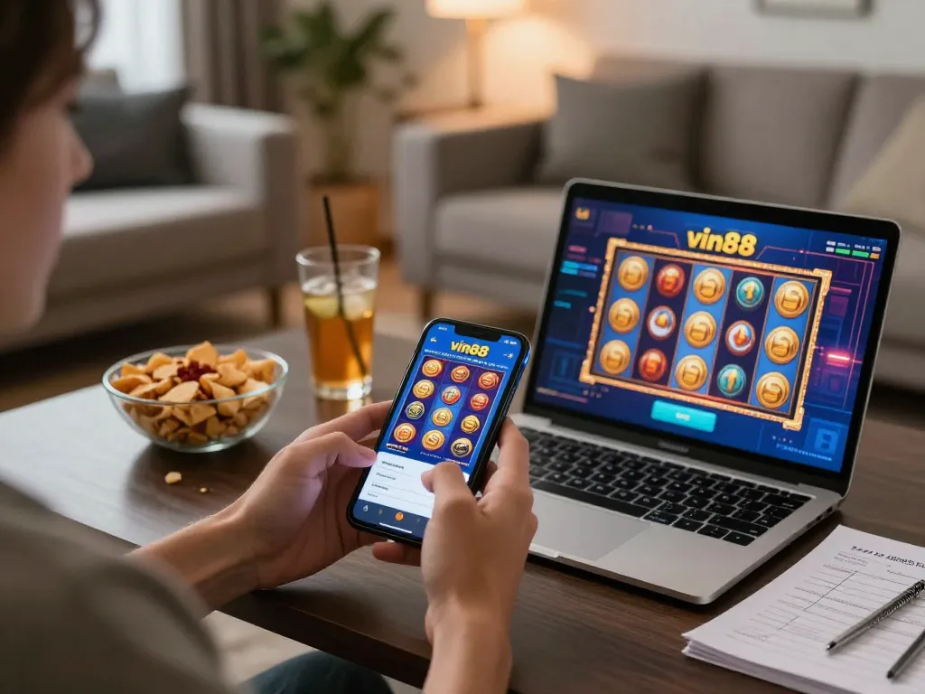 Play exciting games on vin88 with players enjoying an engaging online casino experience in a cozy home setting