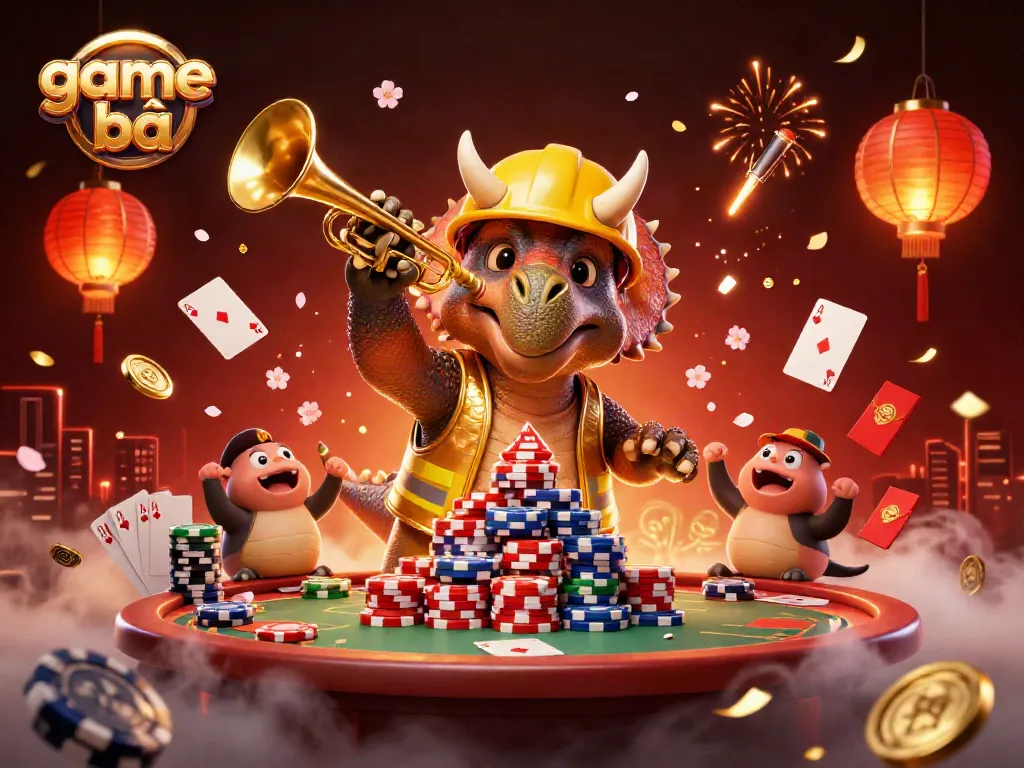 Experience exciting gameplay with a festive atmosphere in this game bài illustration featuring poker elements, vibrant colors, and dynamic characters.