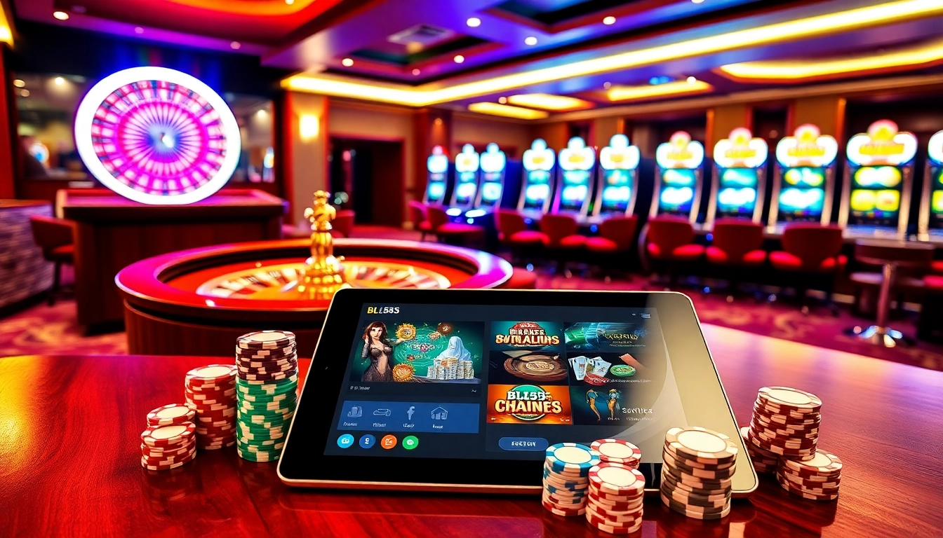 BL555 vibrant casino scene with roulette and poker chips in an upscale setting.