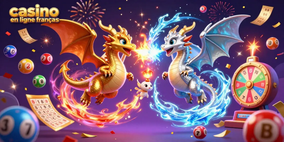 Jouez au casino en ligne français avec des dragons jumeaux et des éléments de loterie colorés dans une atmosphère magique