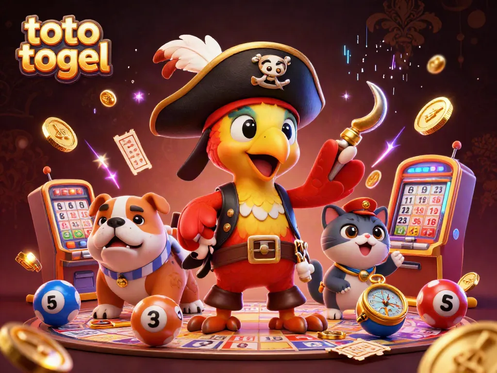 Experience thrilling toto togel action as a parrot captain guides a bulldog and navigator cat in a vibrant lottery scene.