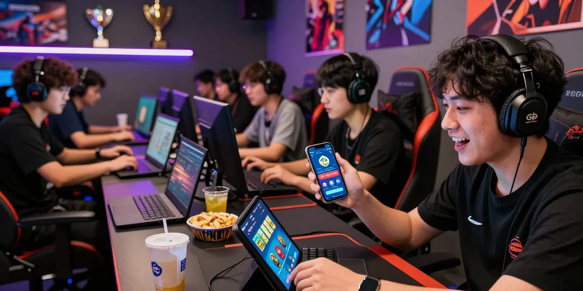 Exciting scene of players engaging online with ngamenjitu gaming platform in a vibrant lounge