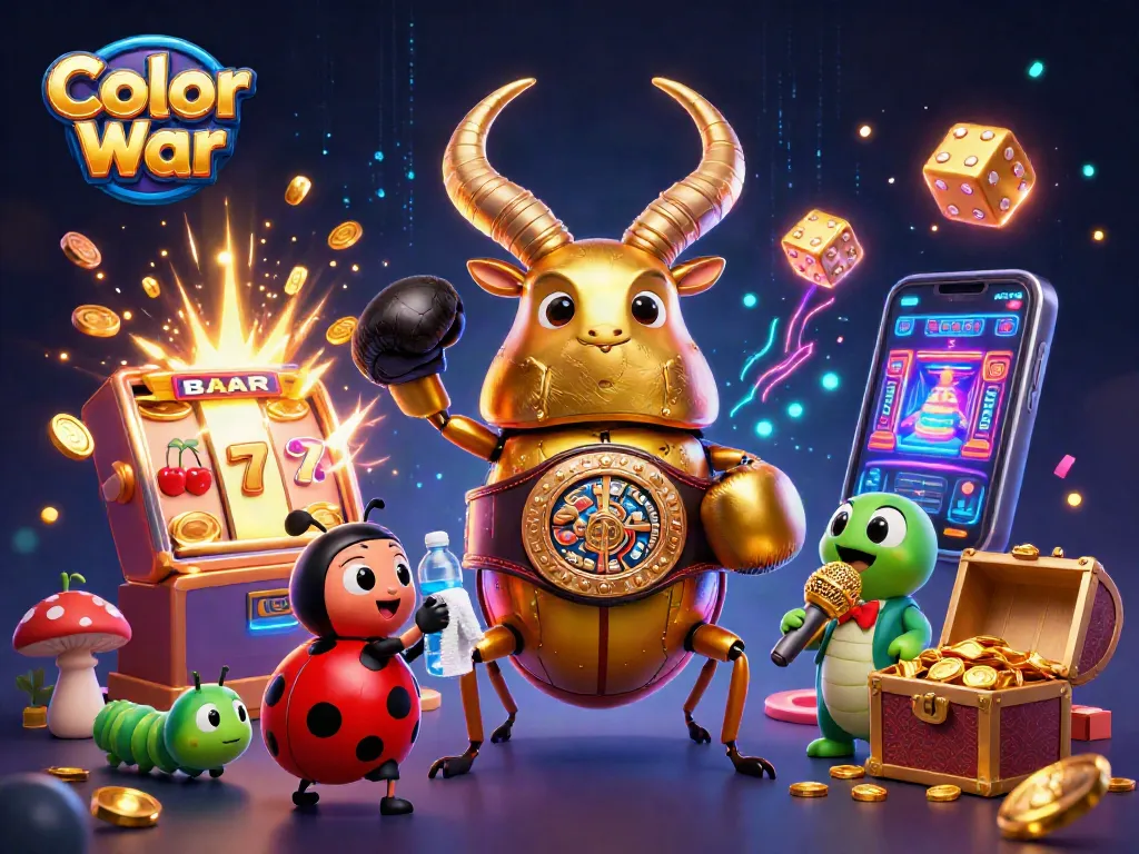 Color War game scene featuring a golden stag beetle and casino elements with vibrant visuals.