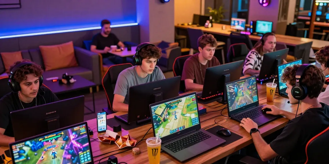 Players enjoying H5 Winbox gaming on various devices in a vibrant lounge.