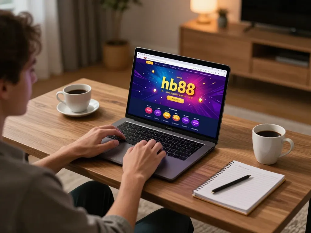 Engaged user playing on hb88 online casino, vibrant interface, cozy home atmosphere