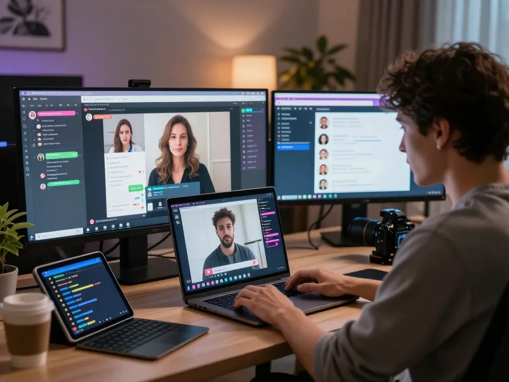 Engaging scene of a person using sex chat AI on a laptop in a modern office, surrounded by interactive digital interfaces.