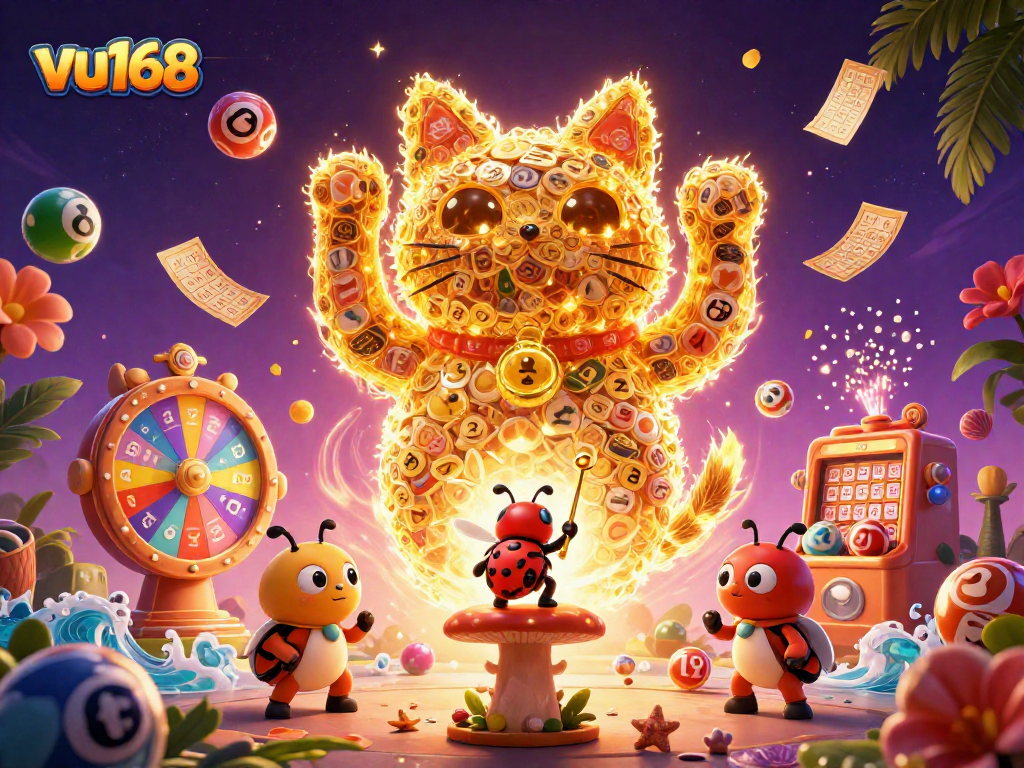 Experience the vibrant world of vu168 with a giant lucky cat and dynamic casino symbols.