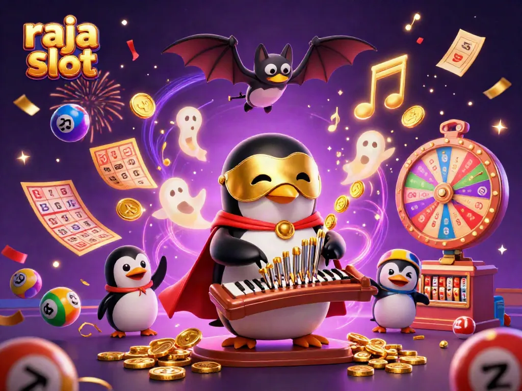 Raja slot menampilkan penguin opera 3D bermain organ yang memancarkan koin emas dalam suasana kasino yang meriah.