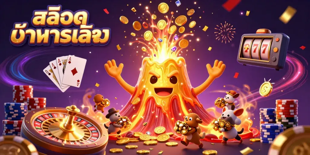 เล่นสล็อตทดลองเล่นกับภูเขาไฟทองคำที่มีสัตว์น้อยและเหรียญทองลอยอยู่ครบครัน