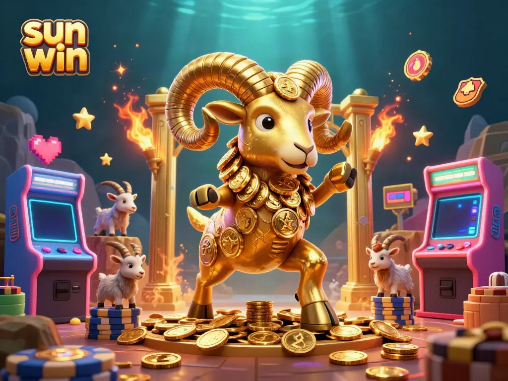 Experience thrilling gameplay at sun win with a dynamic scene of a golden ram exploring vibrant arcade elements.