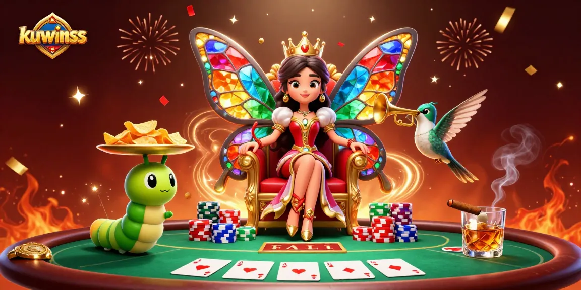 Experience the thrill of gambling at kuwinss with a vibrant casino scene featuring a butterfly queen and poker elements.