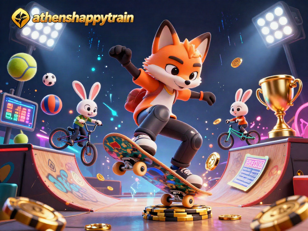 Athenshappytrain showcases a vibrant digital illustration with a skateboarder fox and BMX rabbit among casino-themed sports elements.