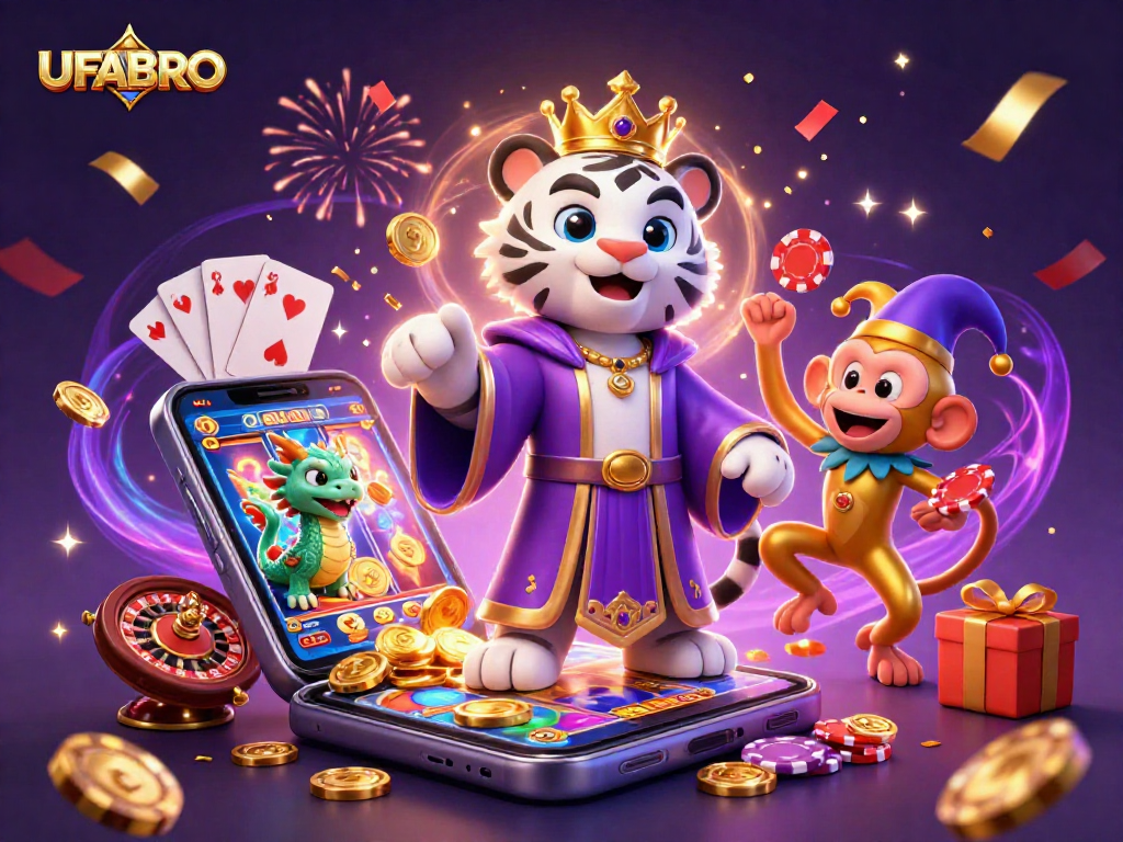 Engage with UFABRO casino action featuring a 3D tiger, monkey juggling chips, and vibrant game elements.