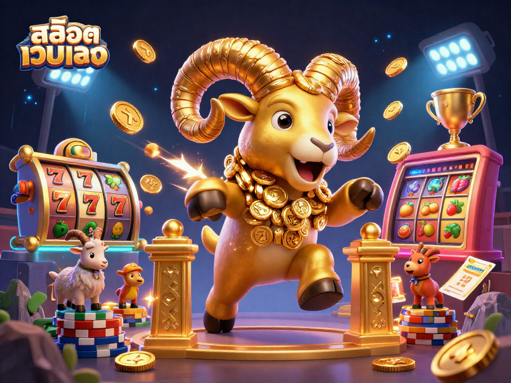 Experience the excitement of สล็อตเว็บตรง with dynamic slot elements and a golden ram mascot.