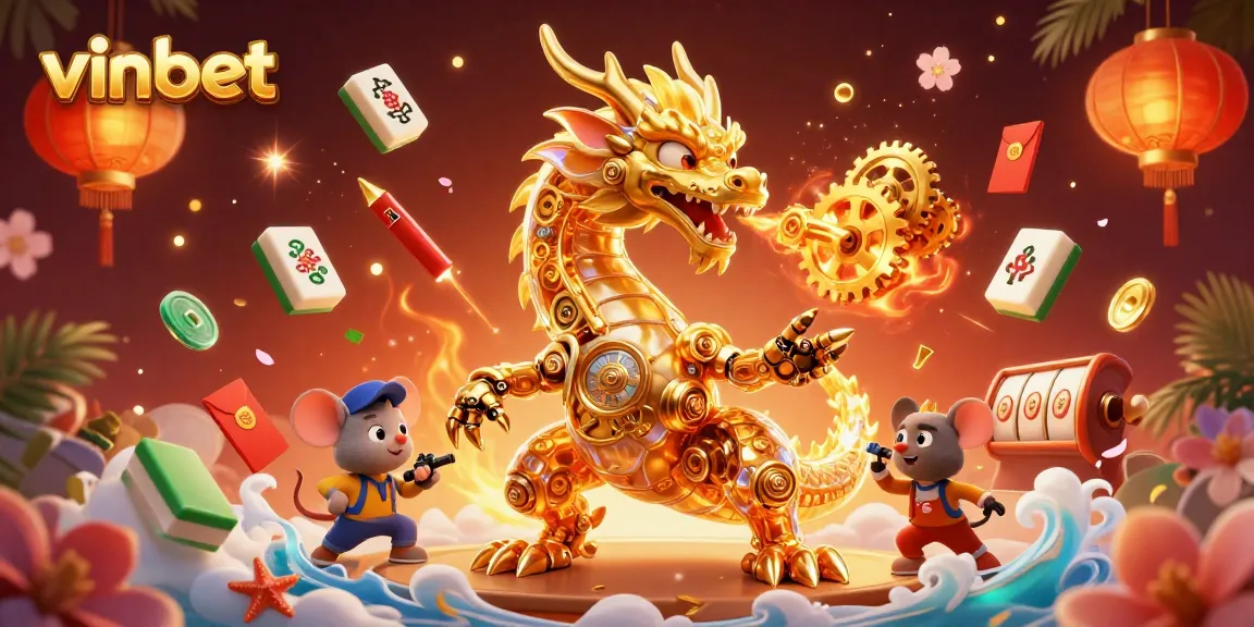 Experience the excitement of vinbet with a golden dragon and dynamic casino elements in a vibrant illustration.