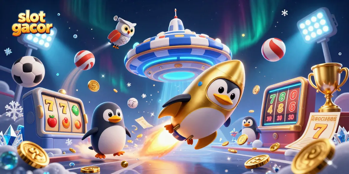 Bermain slot gacor dengan penguin emas roket yang mengudara, dikelilingi koin emas, simbol buah, dan elemen kasino lainnya.