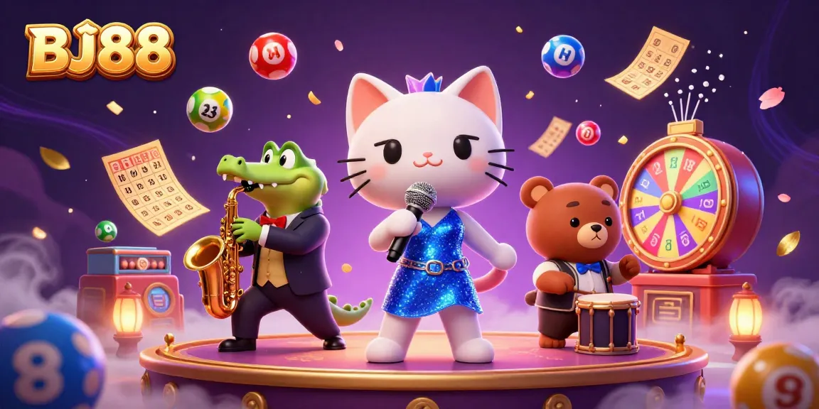 BJ88 invites you to enjoy thrilling games with a jazz-singer cat and friends in a vibrant casino scene.