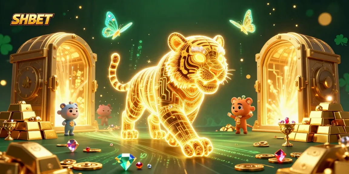 Experience the thrill of SH BET in a vibrant digital casino with a neon tiger and sparkling treasures.