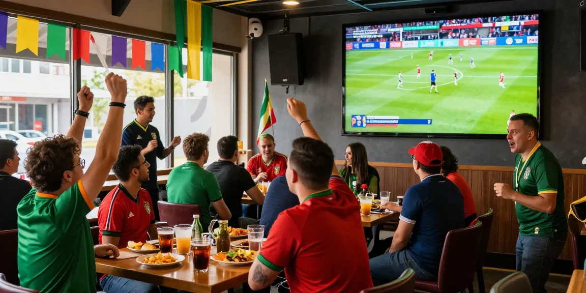 متابعة مباريات كأس العالم 2026 with fans in a vibrant sports bar celebrating live action.