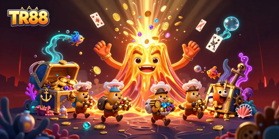 Spin and win with TR88 in this lively casino scene featuring festive cartoon elements and treasures.