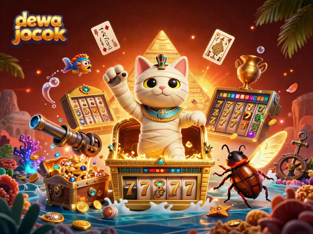 Menggali jackpot di dewa jackpot dengan simbol slot dan kucing mummy 3D meriah.