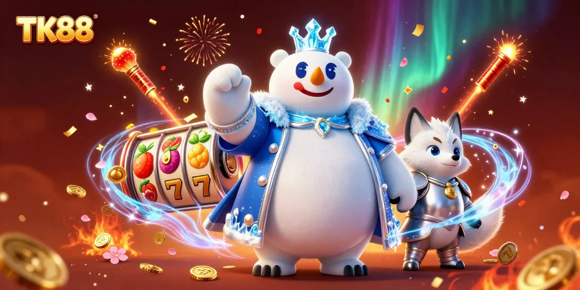 Engage with TK88's vibrant casino experience featuring 3D characters, slot reels, and festive confetti.
