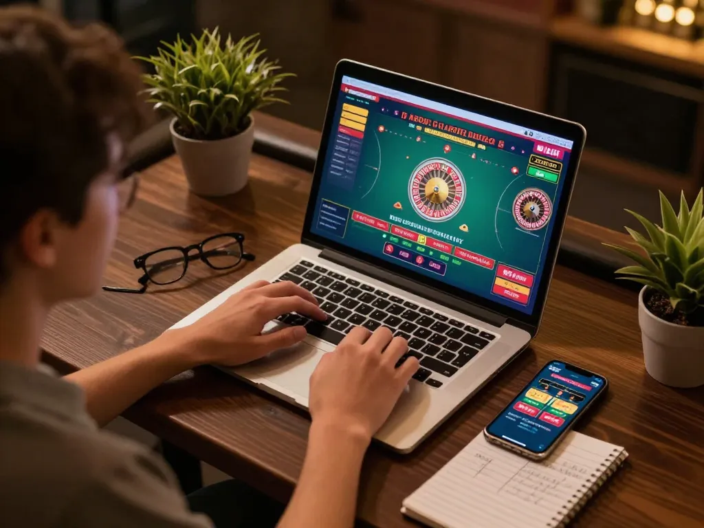 Engaged player enjoying a casino roulette game online from home, showcasing strategic gameplay.