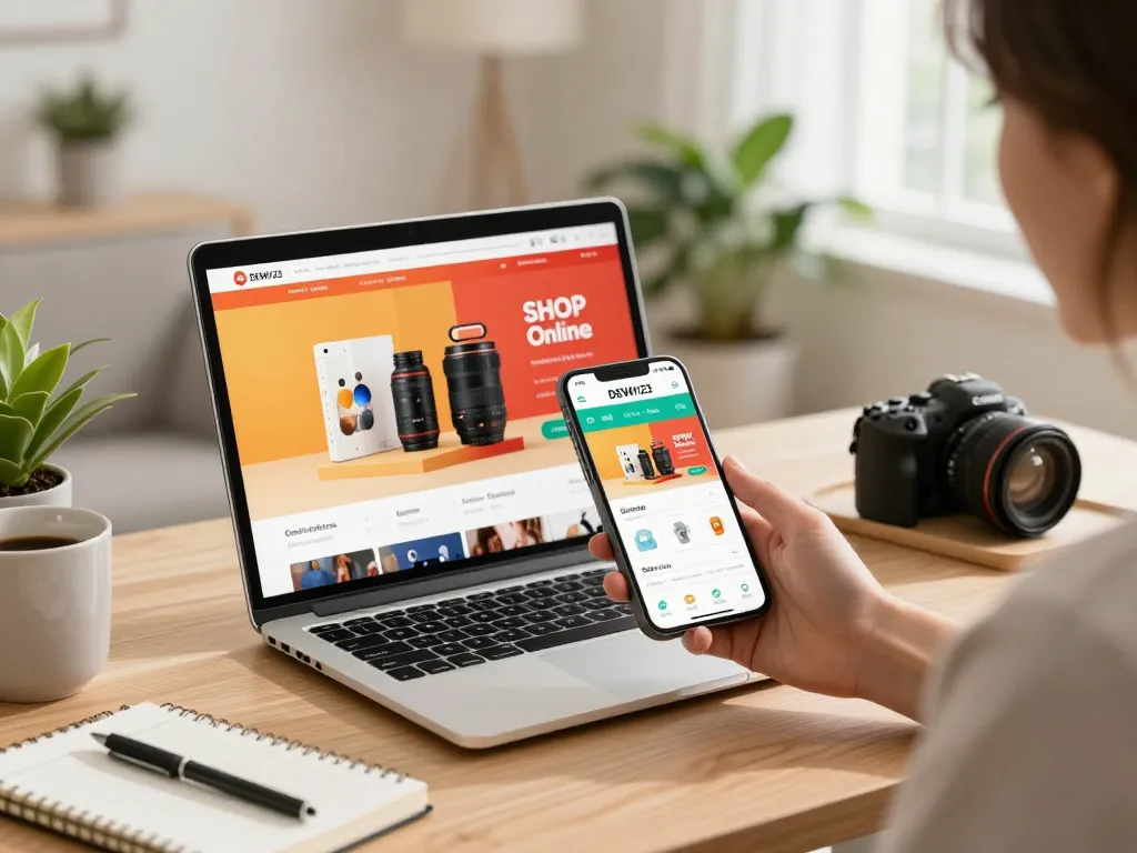 Shopping using the DEWI123 mobile app at a cozy home workspace.