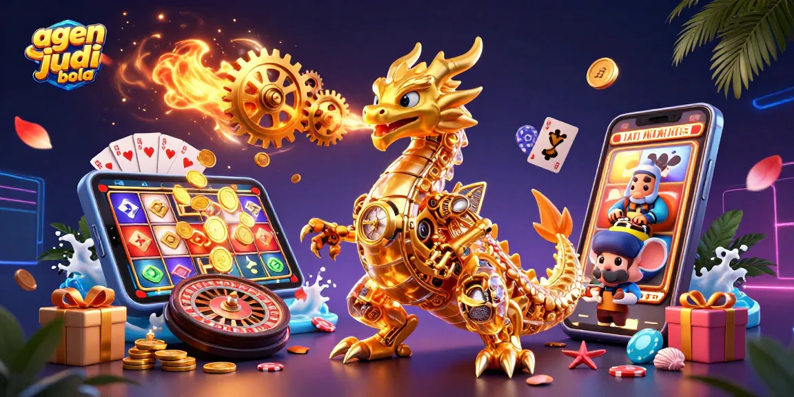 Engage with agen judi bola in a vibrant scene featuring a mechanical dragon, slot games, and casino elements.