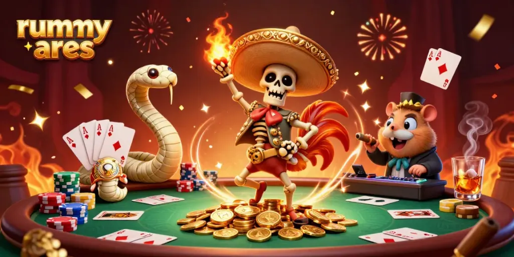 Experience thrilling rummy ares gameplay with colorful characters celebrating victory and dynamic game elements.