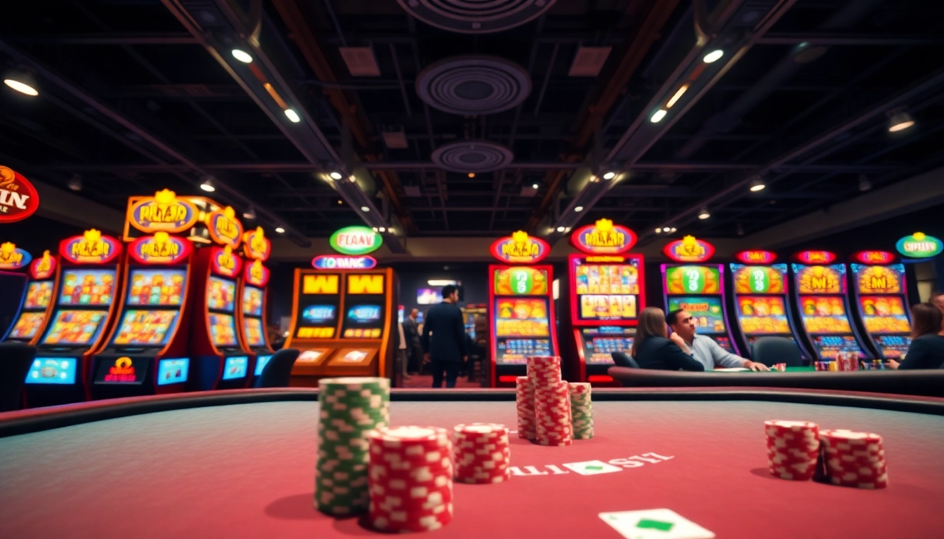 Mahongtoto, menikmati suasana kasino dengan mesin slot dan permainan poker yang ramai.