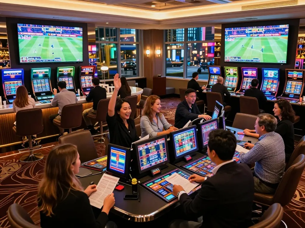 Excited sports bettors at okwin enjoying a vibrant betting lounge atmosphere with live screens
