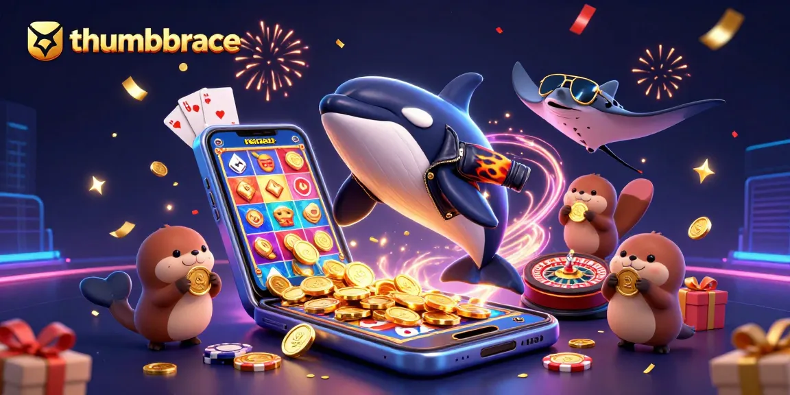 Engage with thumbbrace as a vibrant casino scene featuring animated characters and thrilling action.