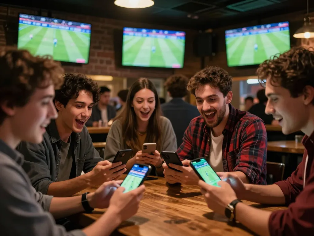 Tỷ Lệ Bóng Đá enthusiasts engaging in betting during a thrilling sports event at a lively bar invoking excitement