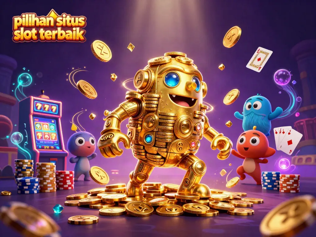 Ilustrasi 3D golem emas mengelilingi simbol slot, pilihan situs slot terbaik, dengan koin dan taruhan yang berkilauan.