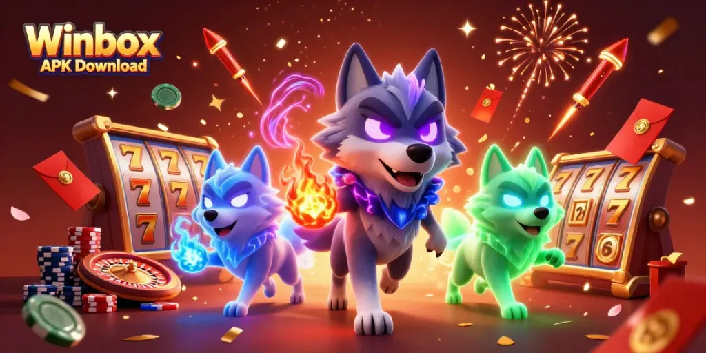 Winbox APK Download: Experience thrilling gaming action with dynamic casino characters and festive elements.